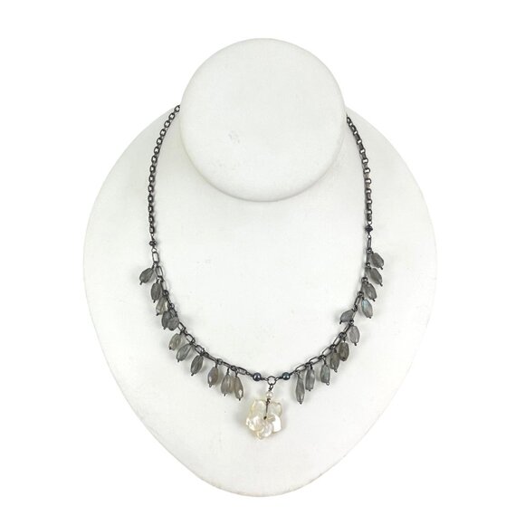 Vintage Labradorite & Mother of Pearl Flower Pendant Necklace 16" Sterling Silve - Picture 4 of 9